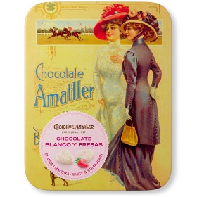 Bild på Amatller Plåtask Chokladlöv i Vit Choklad med Jordgubb 60g