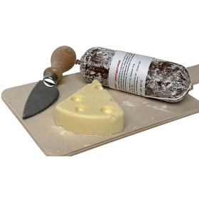 Bild på Dolciaria Luigia "Ost & Charkbricka" Mörk Choklad med Hasselnötter, Vit Choklad, Träbricka & Ostkniv 150g