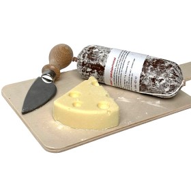 Bild på Dolciaria Luigia "Ost & Charkbricka" Mörk Choklad med Hasselnötter, Vit Choklad, Träbricka & Ostkniv 150g