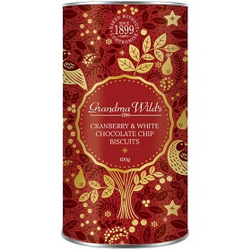 Bild på Grandma Wild's Röd Presenttub med Kakor - Tranbär & Vit Choklad 100g