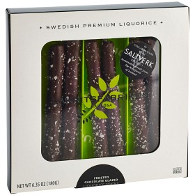 Bild på Lakritsfabriken Chocolate Glazed Liquorice Sticks Salt Frosted 180g